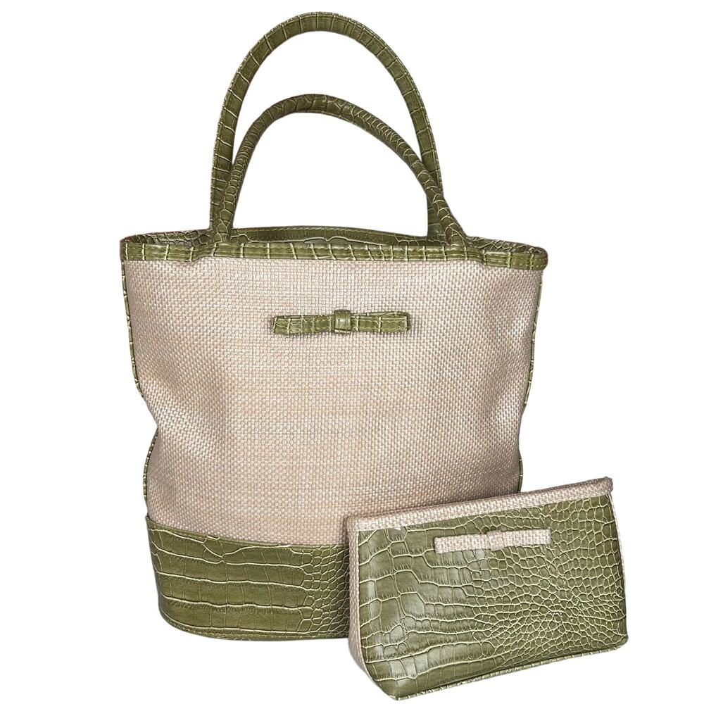 Estee Lauder Canvas Tote & Pouch Set Green Croc Faux Leather Trim Vintage Bag